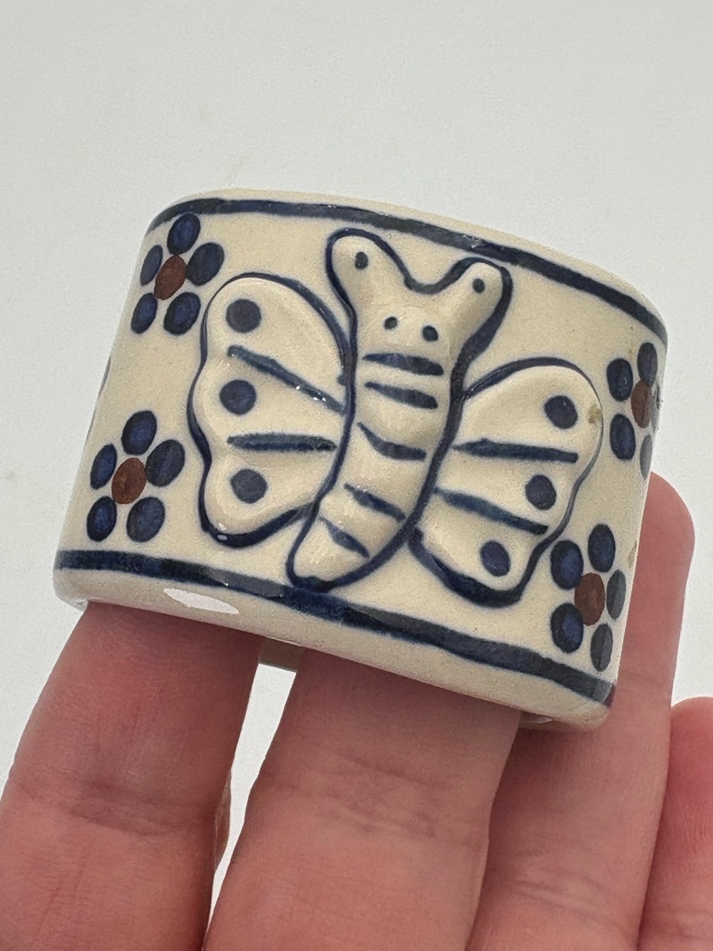 Vintage Hand-Painted Polish Pottery Butterfly Napkin Ring - 2 Inches
